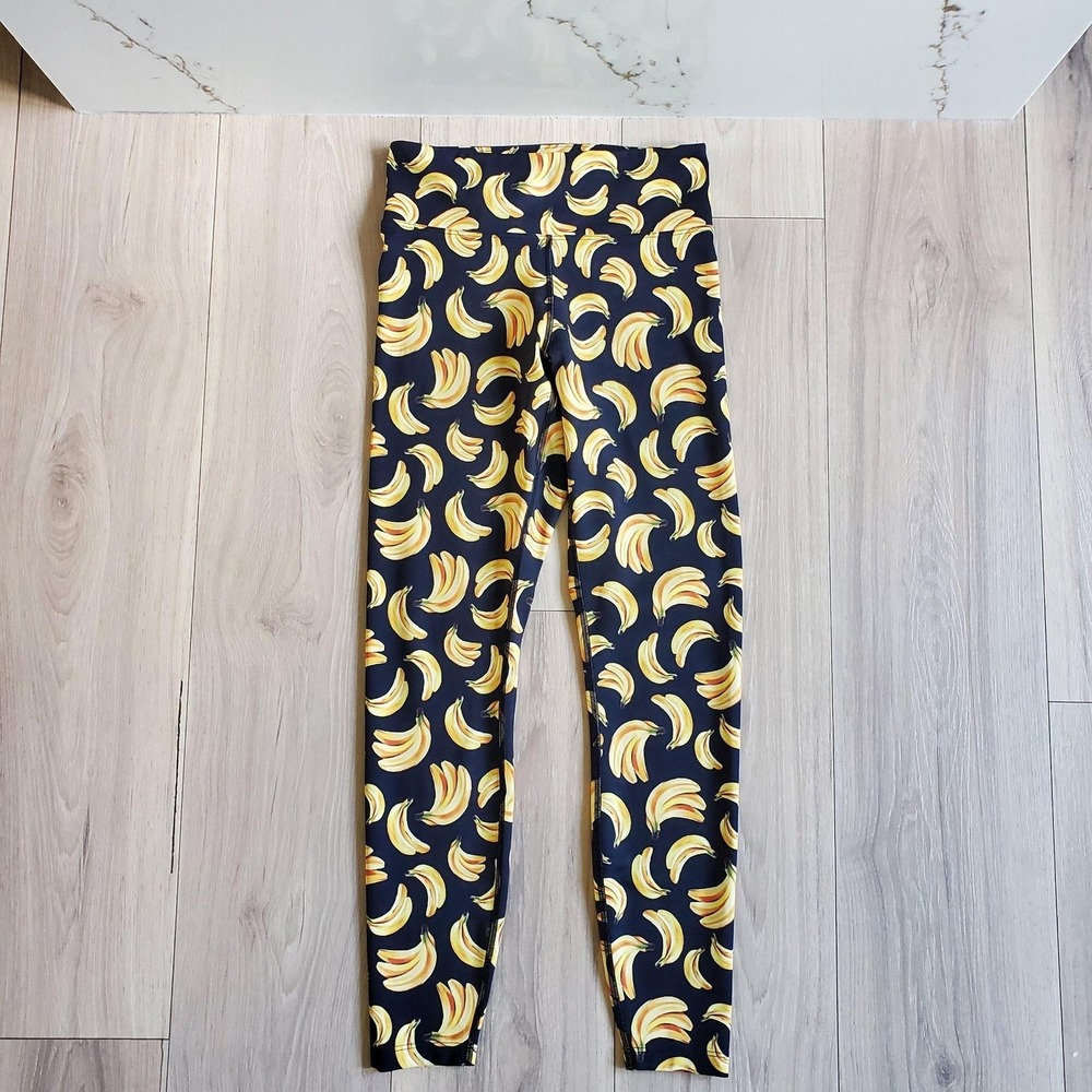 Mumu Moves Leggings Womens S Black Banana Print High Rise Yoga Pants Made in USA